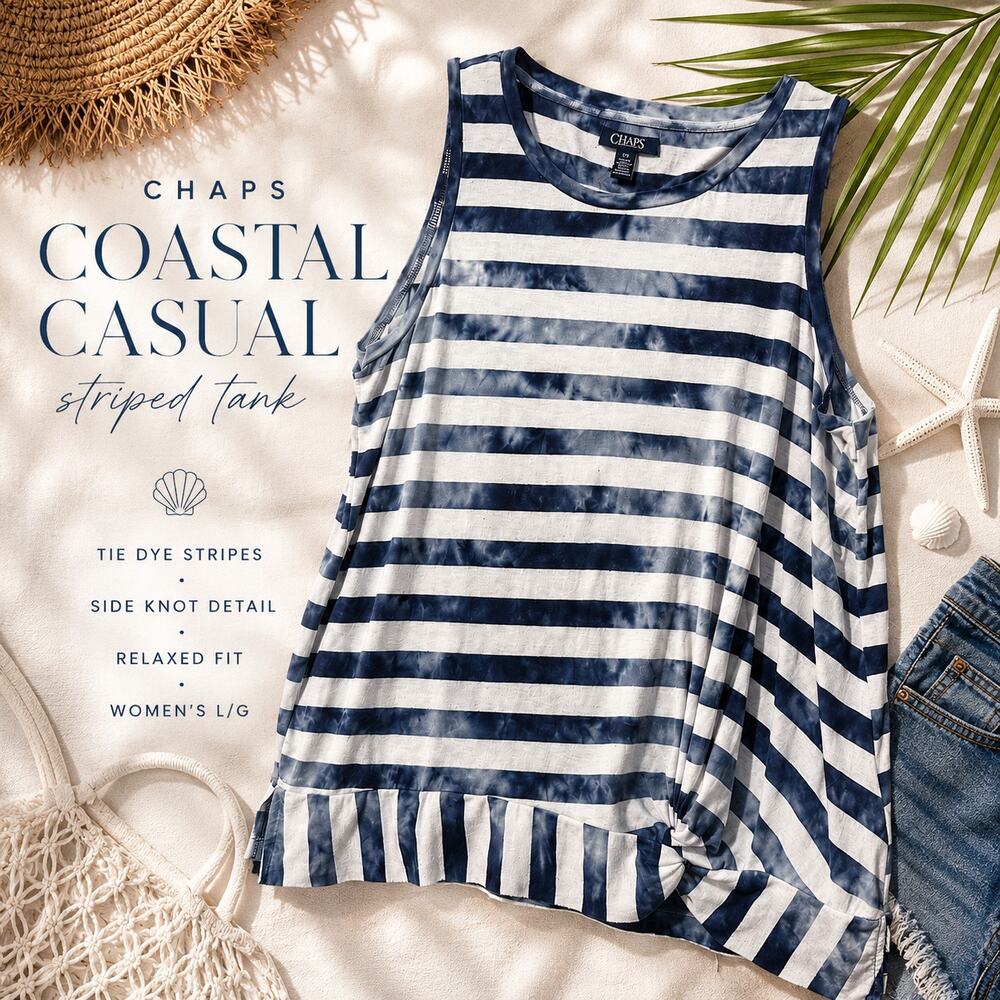 Chaps Coastal Stripe Tank Top Women’s Large Blue Tie Dye Knot Hem Summer Casual